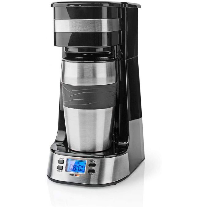 Single Serve 1 Cup Electric Filter Coffee Maker with Digital Timer + 0.42L Double Wall Travel Mug - Black