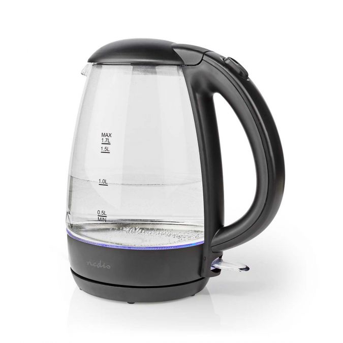 Electric 1.7L Kettle, Glass Jug with Blue LED Illumination, Quick Boil Time, and Boil-Dry Protection, 2250W