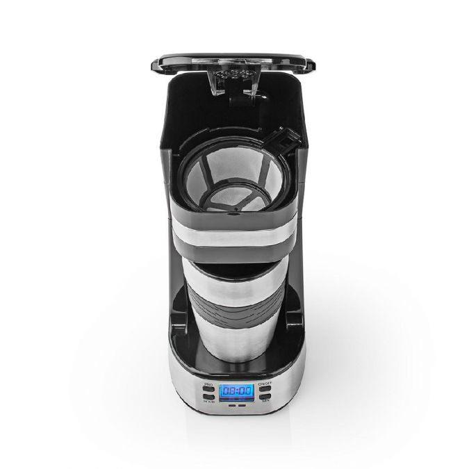 Single Serve 1 Cup Electric Filter Coffee Maker with Digital Timer + 0.42L Double Wall Travel Mug - Black