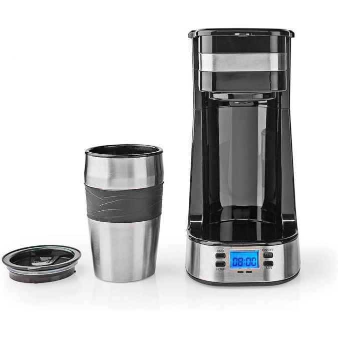 Single Serve 1 Cup Electric Filter Coffee Maker with Digital Timer + 0.42L Double Wall Travel Mug - Black
