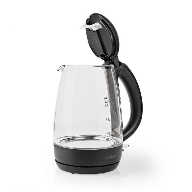Electric 1.7L Kettle, Glass Jug with Blue LED Illumination, Quick Boil Time, and Boil-Dry Protection, 2250W