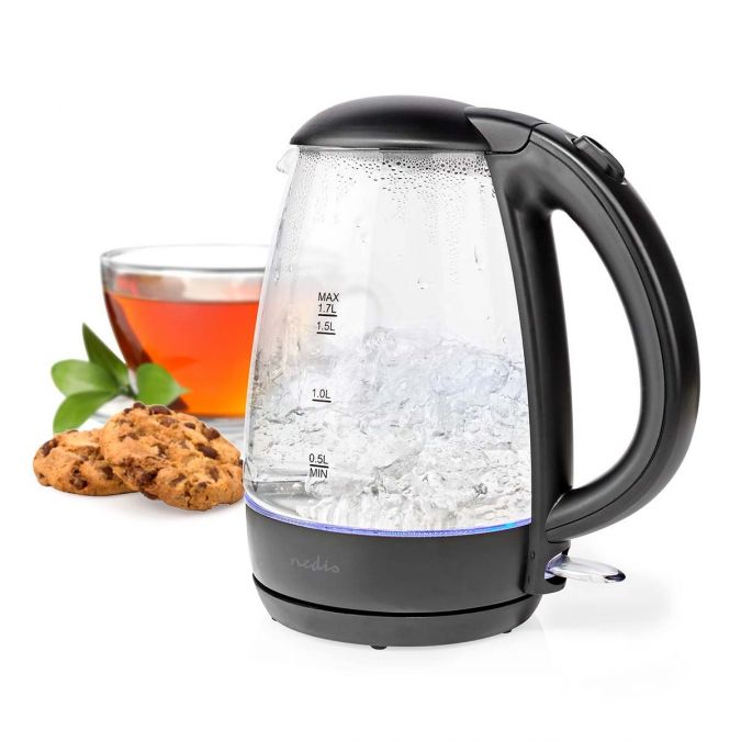 Electric 1.7L Kettle, Glass Jug with Blue LED Illumination, Quick Boil Time, and Boil-Dry Protection, 2250W
