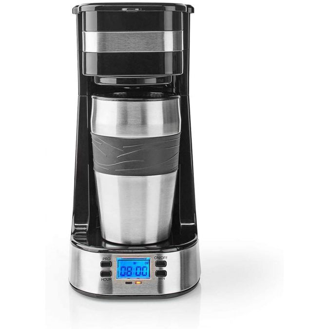 Single Serve 1 Cup Electric Filter Coffee Maker with Digital Timer + 0.42L Double Wall Travel Mug - Black